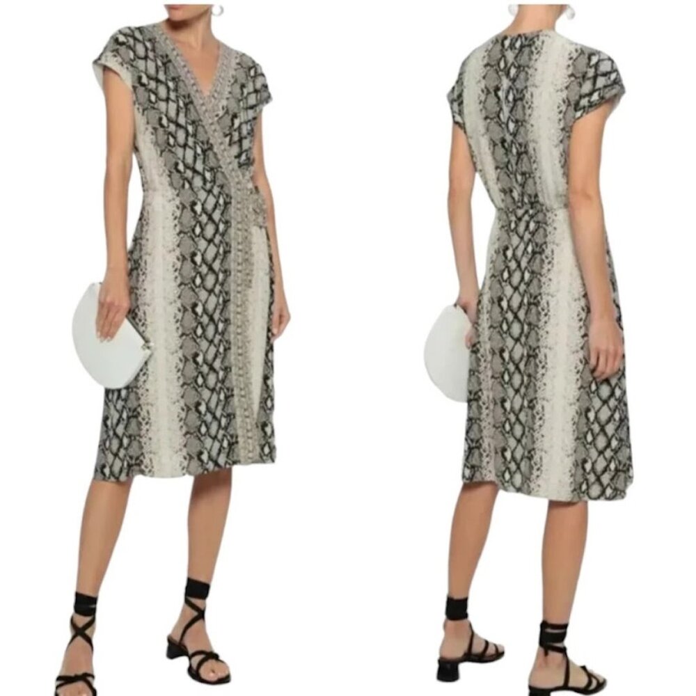 JOIE Bethwyn C Wrap Dress, Brown White Snakeskin Viscose Cap Short Sleeve Boho S
